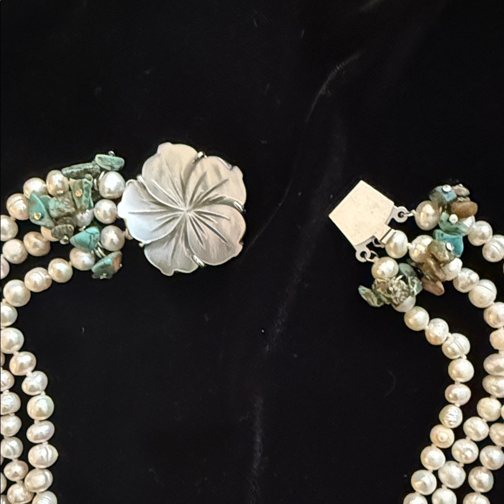 Hand Crafted Triple Strand Genuine Freshwater Pearl Turquoise Necklace Classic - Picture 5 of 5